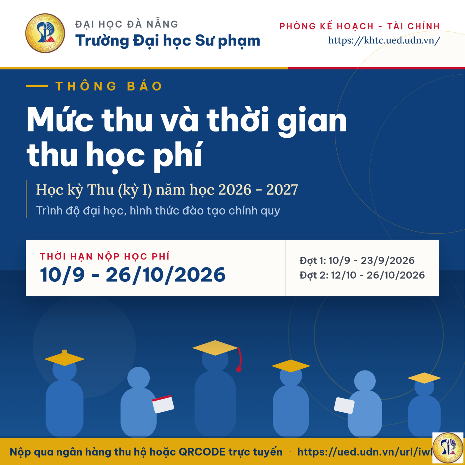 Thông báo Về mức thu và thời gian thu học phí học kỳ Thu (kỳ I) năm học 2026 - 2027 trình độ đại học hình thức đào tạo chính quy